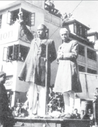 Pt. Nehru making his historic public address at Palladium, Lal Chowk, Srinagar. On his left is Sheikh Mohd. Abdullah, The Head of Emergency Administration.